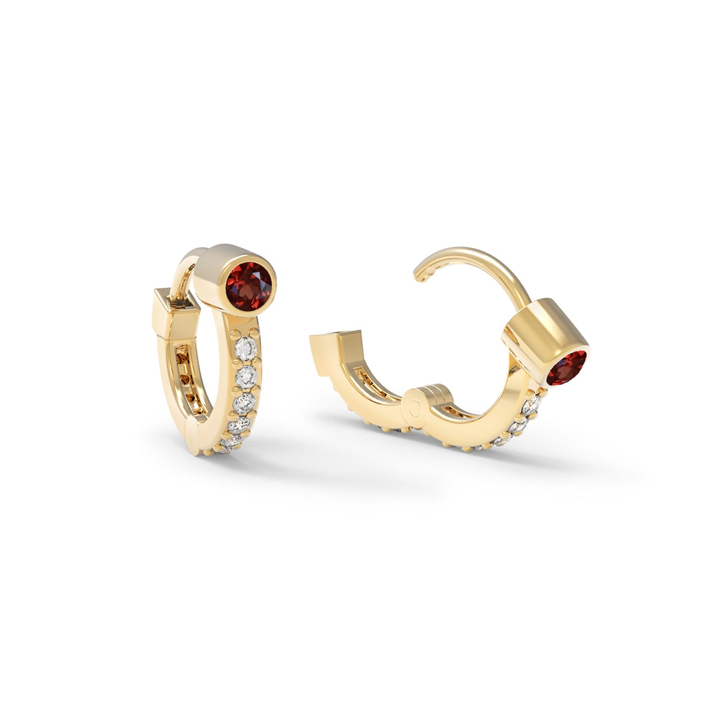 Tiny Garnet Huggie Hoops with Diamonds in 14k Gold (January)