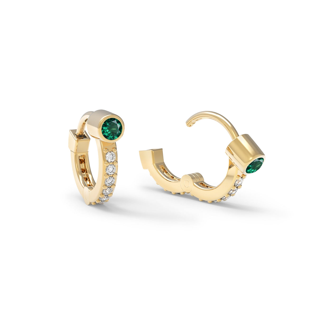 Tiny Emerald Huggie Hoops with Diamonds in 14k Gold (May)