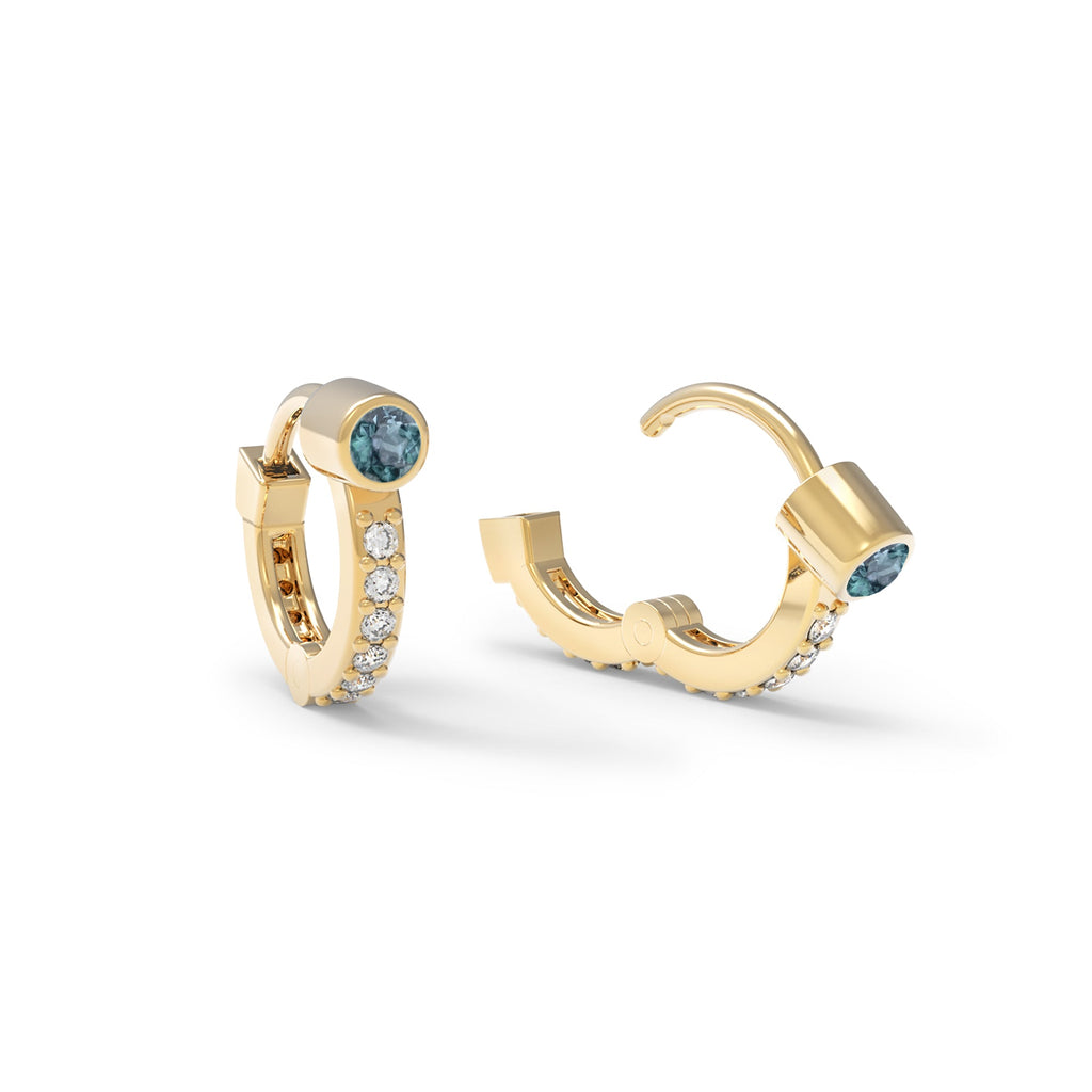 Tiny Alexandrite Huggie Hoops with Diamonds in 14k Gold (June)