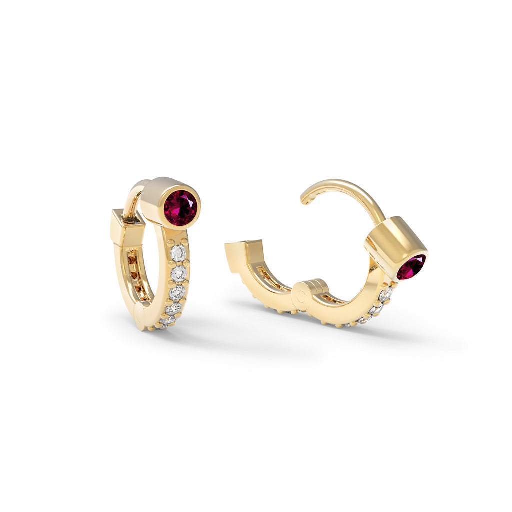 Tiny Ruby Huggie Hoops with Diamonds in 14k Gold (July)