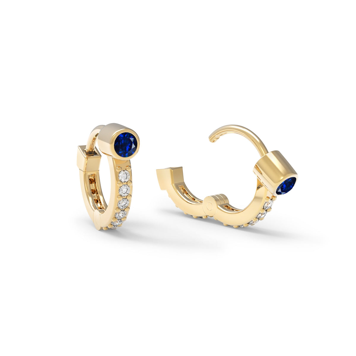 Tiny Sapphire Huggie Hoops with Diamonds in 14k Gold (September)