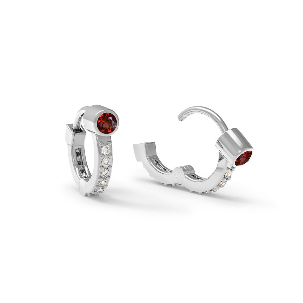 Tiny Garnet Huggie Hoops with Diamonds in 14k Gold (January)