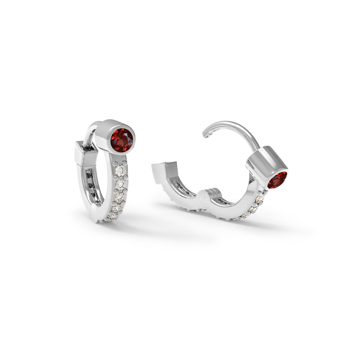Tiny Garnet Huggie Hoops with Diamonds in 14k Gold (January)