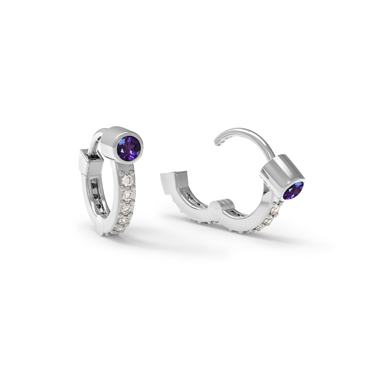 Tiny Amethyst Huggie Hoops with Diamonds in 14k Gold (February)