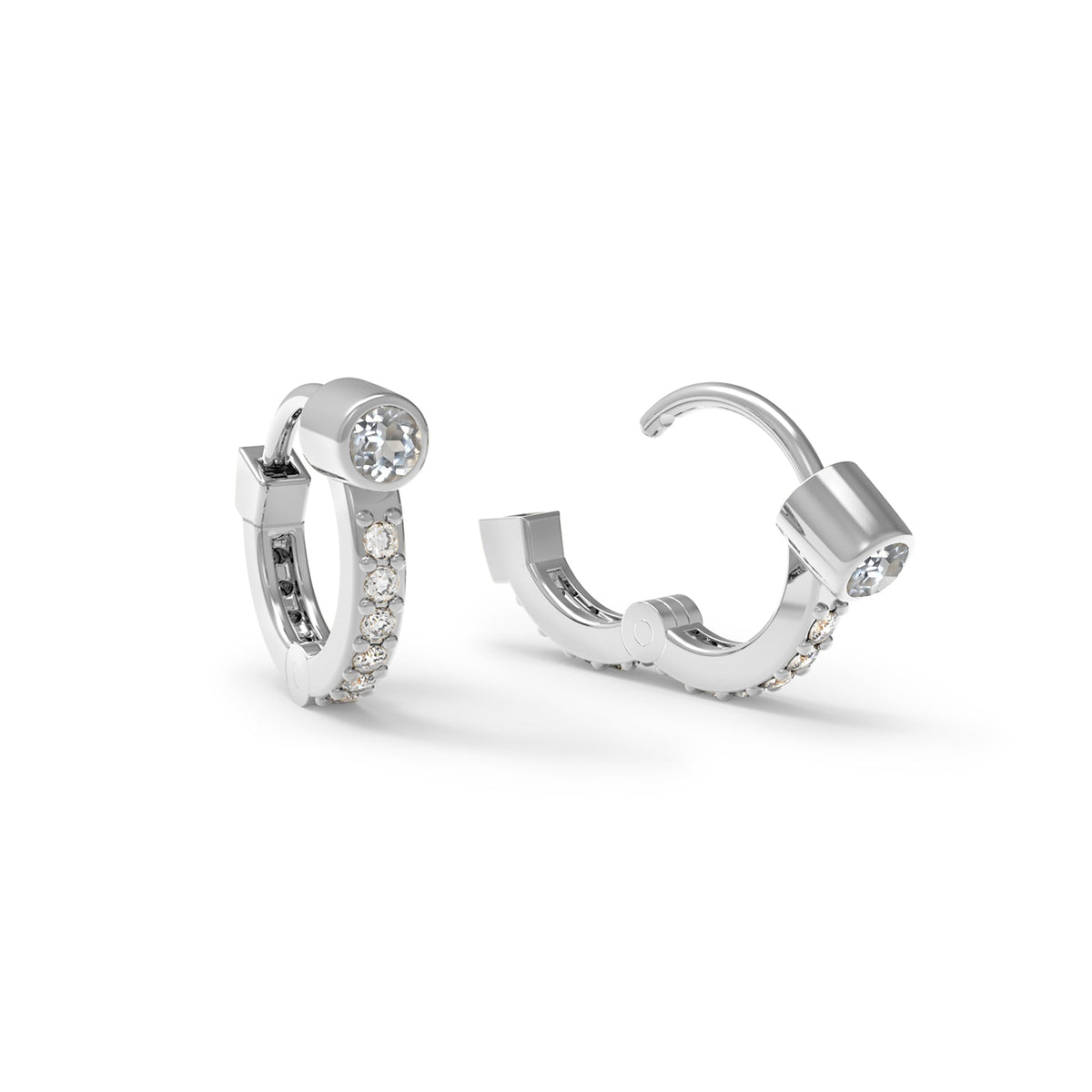 Tiny White Topaz Huggie Hoops with Diamonds in 14k Gold (April)
