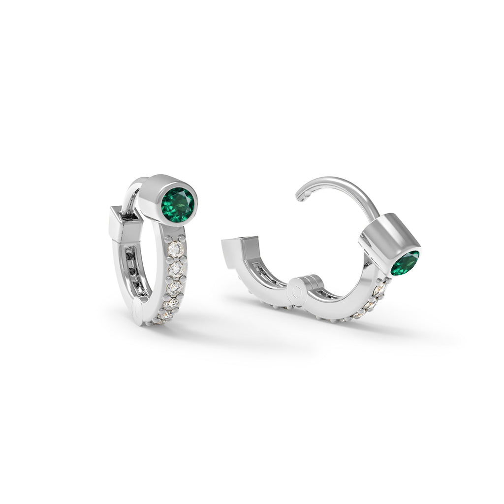 Tiny Emerald Huggie Hoops with Diamonds in 14k Gold (May)