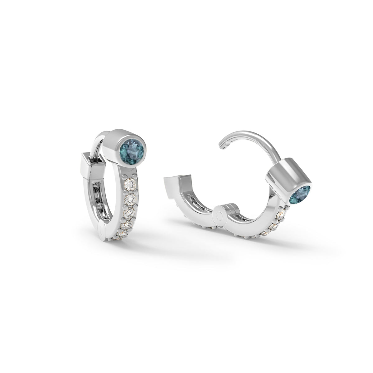 Tiny Alexandrite Huggie Hoops with Diamonds in 14k Gold (June)