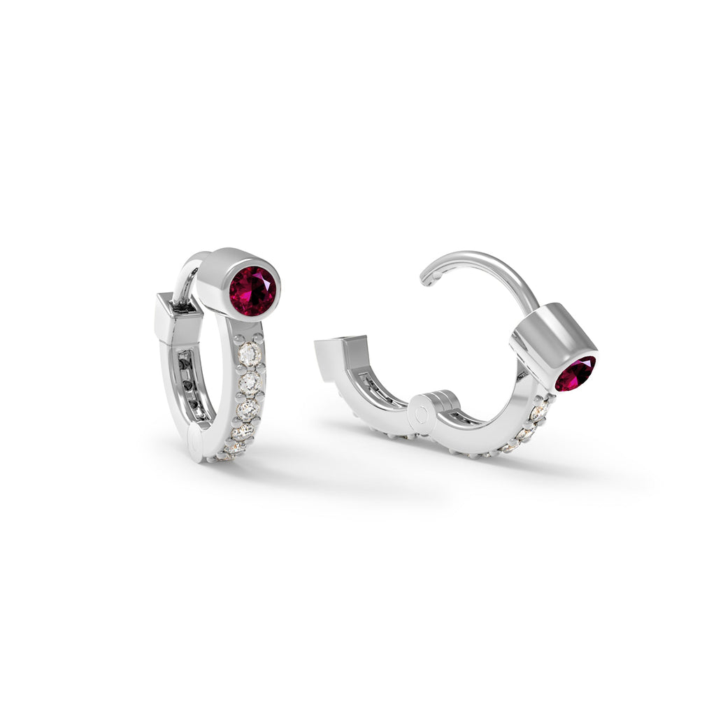 Tiny Ruby Huggie Hoops with Diamonds in 14k Gold (July)