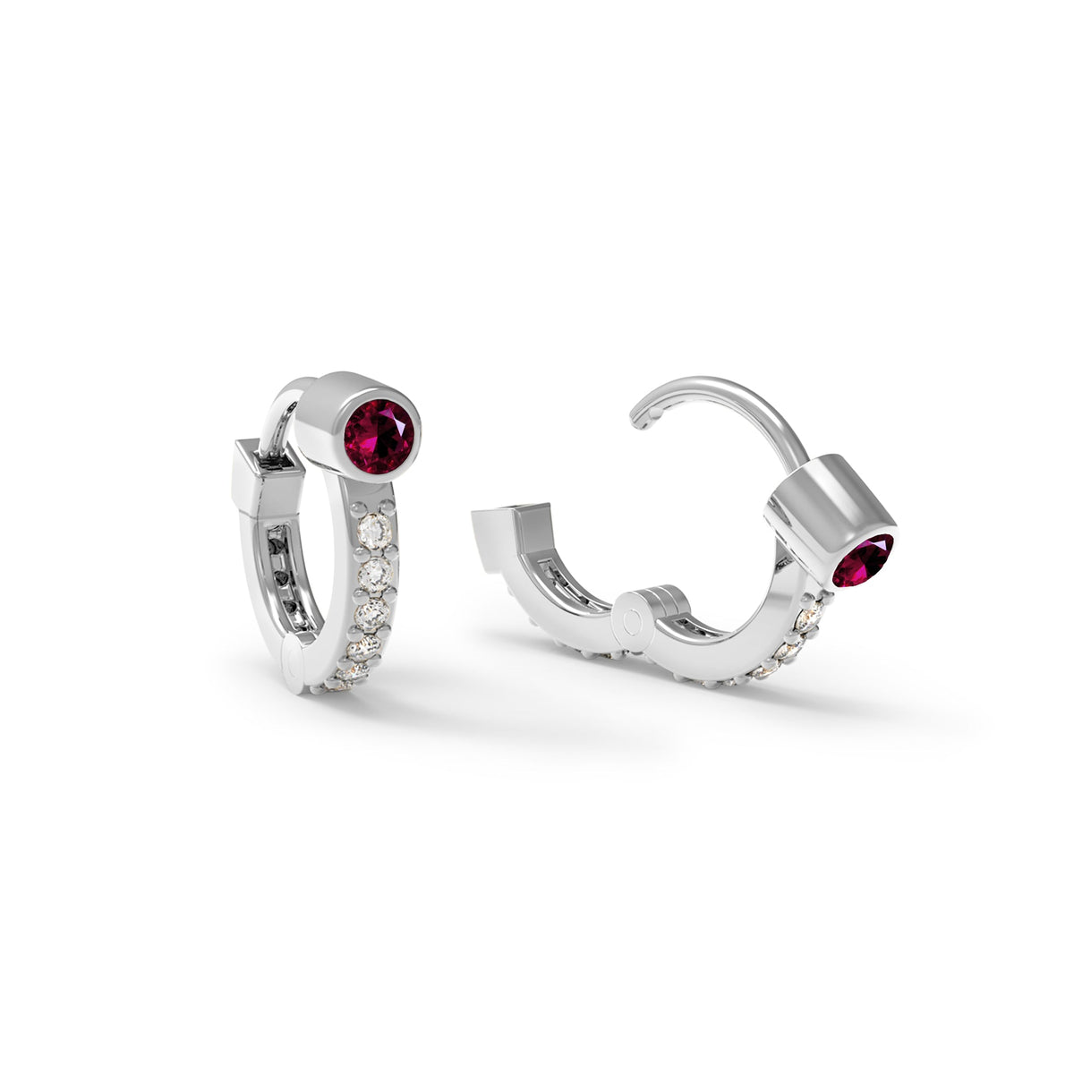 Tiny Ruby Huggie Hoops with Diamonds in 14k Gold (July)