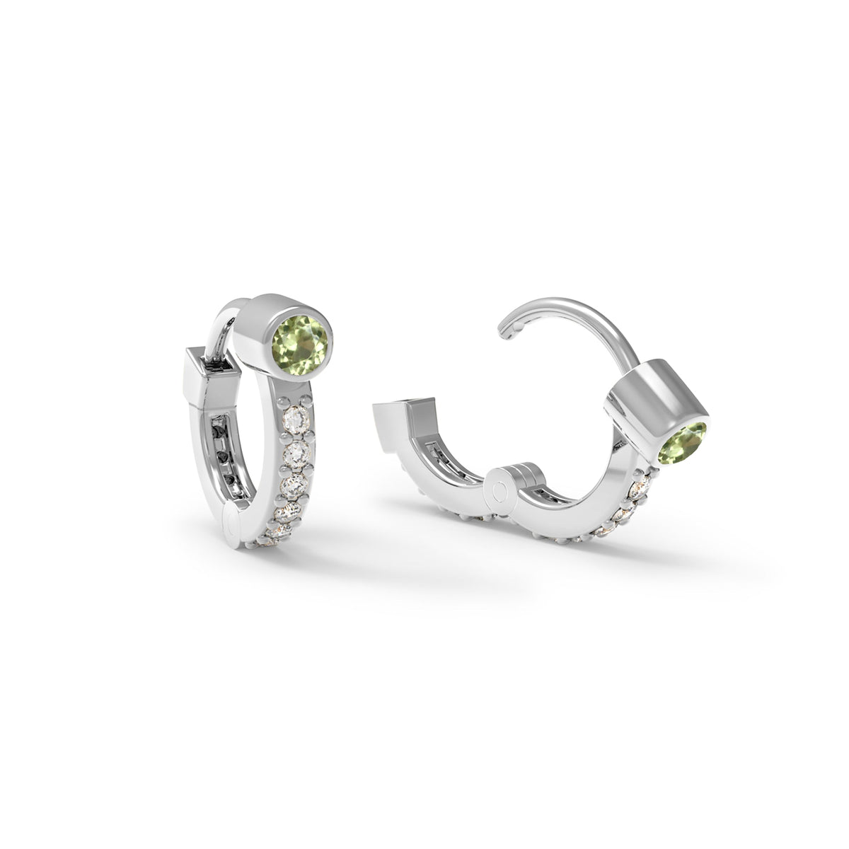 Tiny Peridot Huggie Hoops with Diamonds in 14k Gold (August)