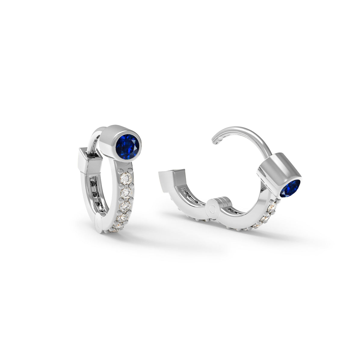 Tiny Sapphire Huggie Hoops with Diamonds in 14k Gold (September)
