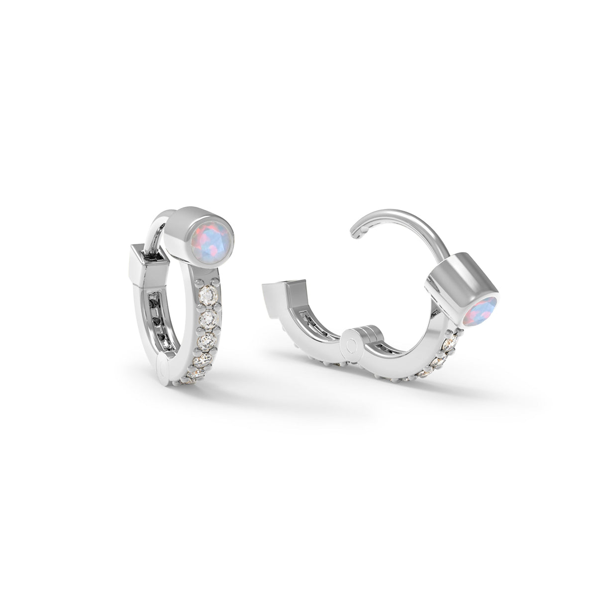 Tiny Opal Huggie Hoops with Diamonds in 14k Gold (October)