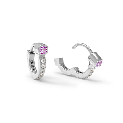 Tiny Pink Sapphire Huggie Hoops with Diamonds in 14k Gold (October)