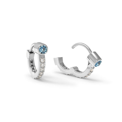 Tiny Nantucket Blue Topaz Huggie Hoops with Diamonds in 14k Gold (December)
