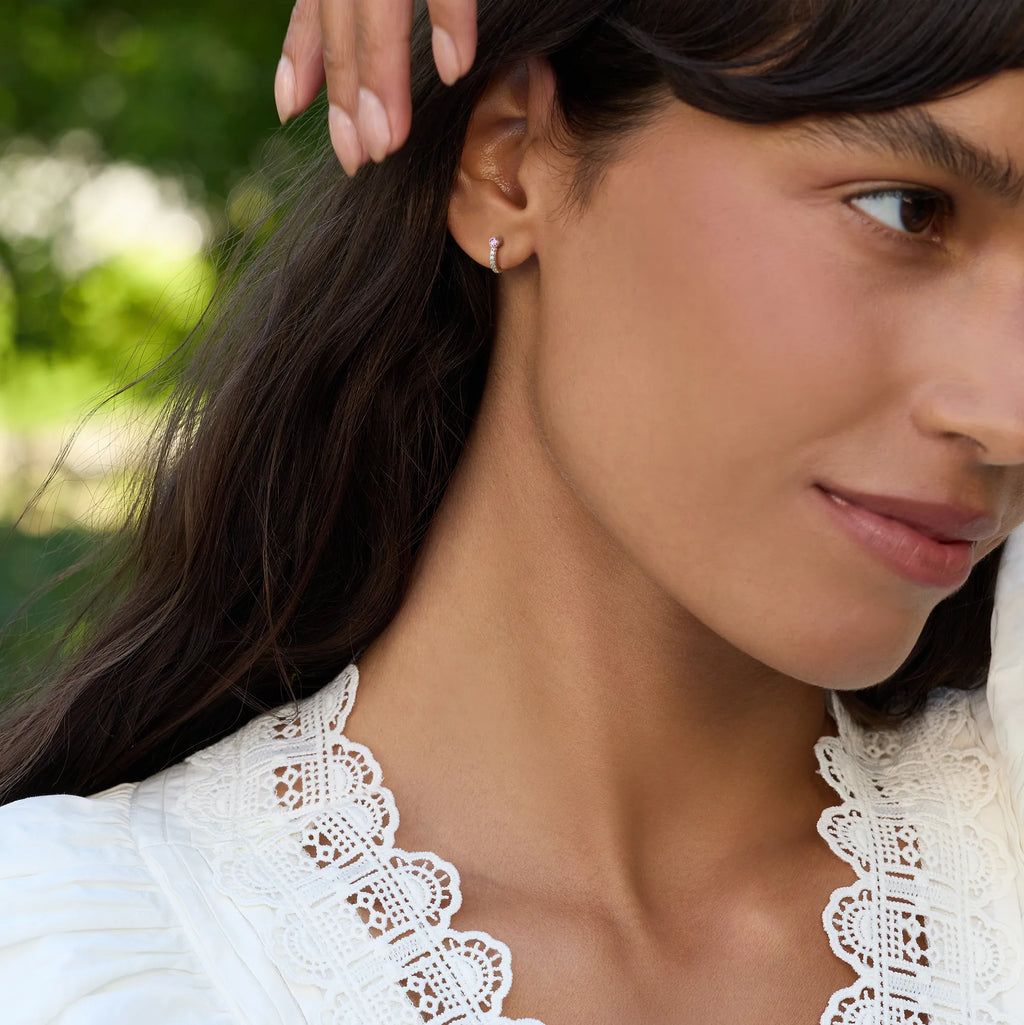Tiny Pink Sapphire Huggie Hoops with Diamonds in 14k Gold (October)