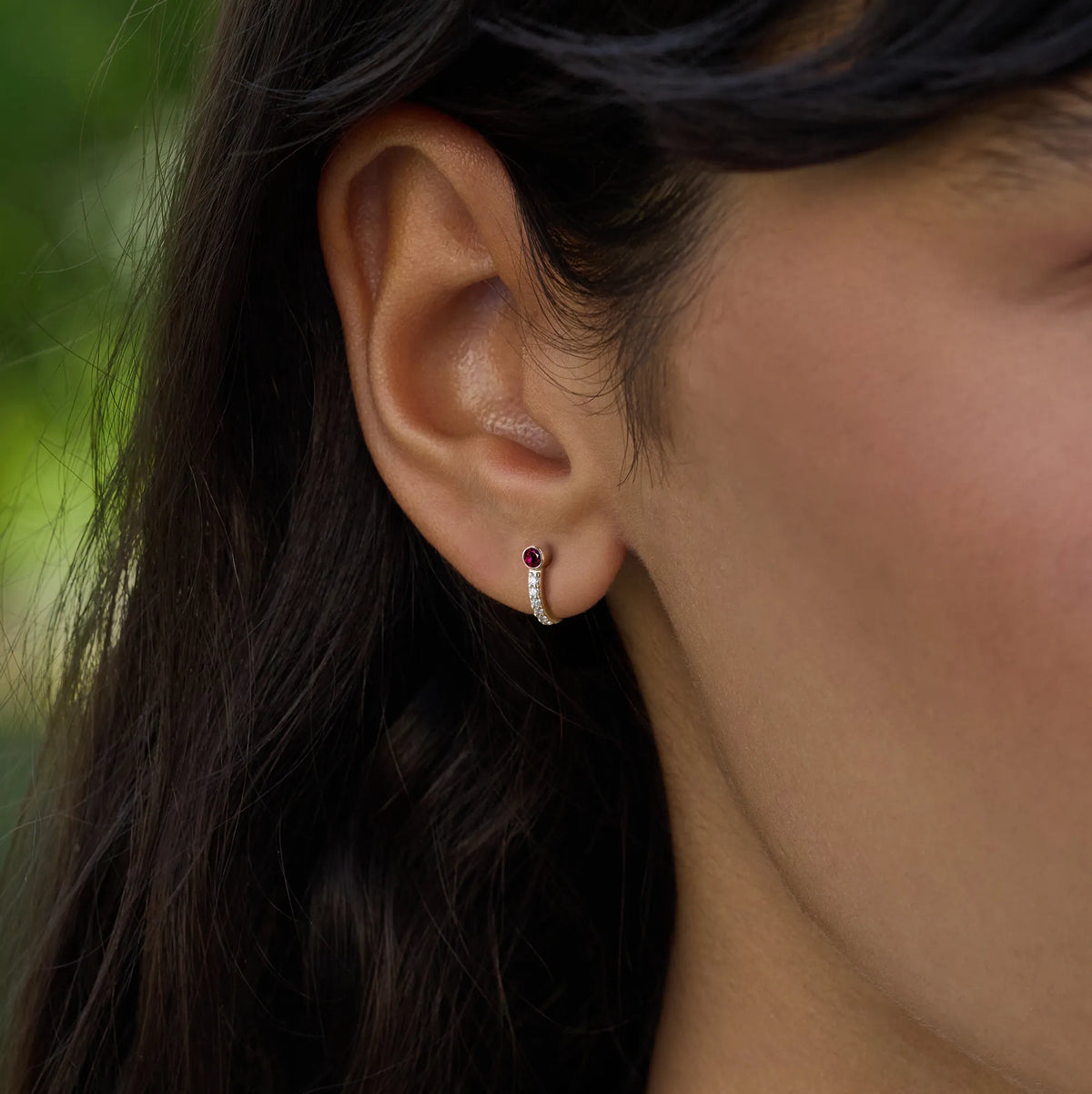 Tiny Ruby Huggie Hoops with Diamonds in 14k Gold (July)