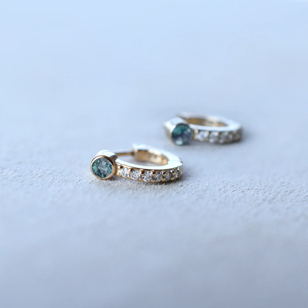 Tiny Alexandrite Huggie Hoops with Diamonds in 14k Gold (June)
