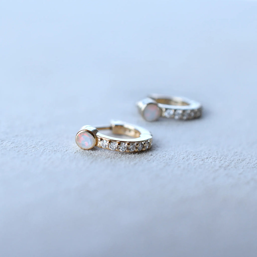 Tiny Opal Huggie Hoops with Diamonds in 14k Gold (October)