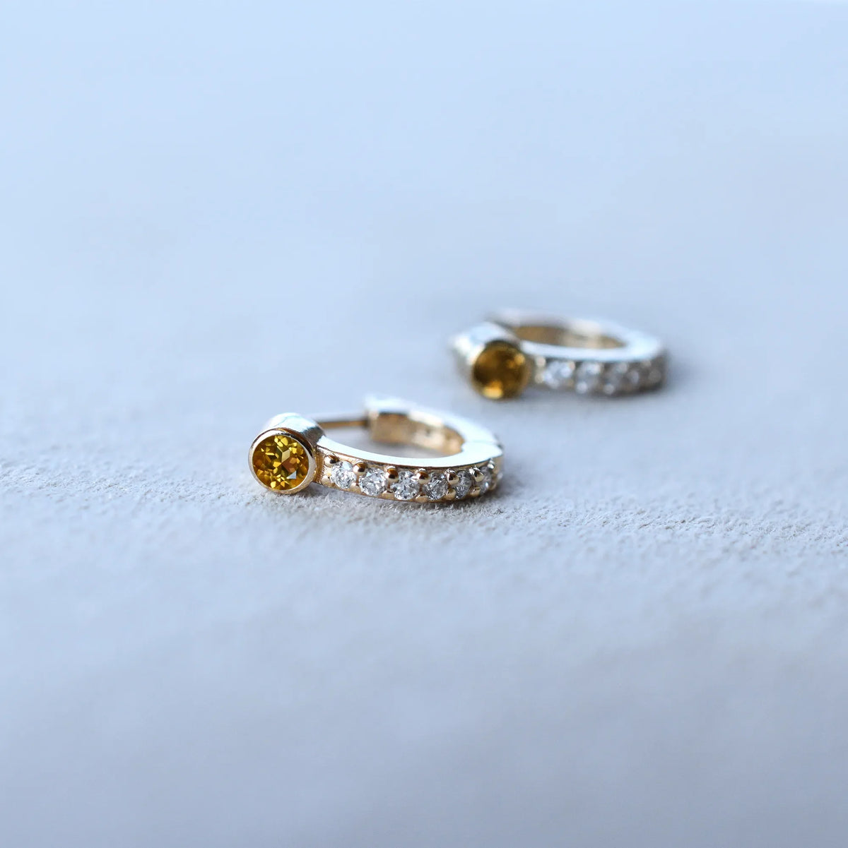 Tiny Citrine Huggie Hoops with Diamonds in 14k Gold (November)