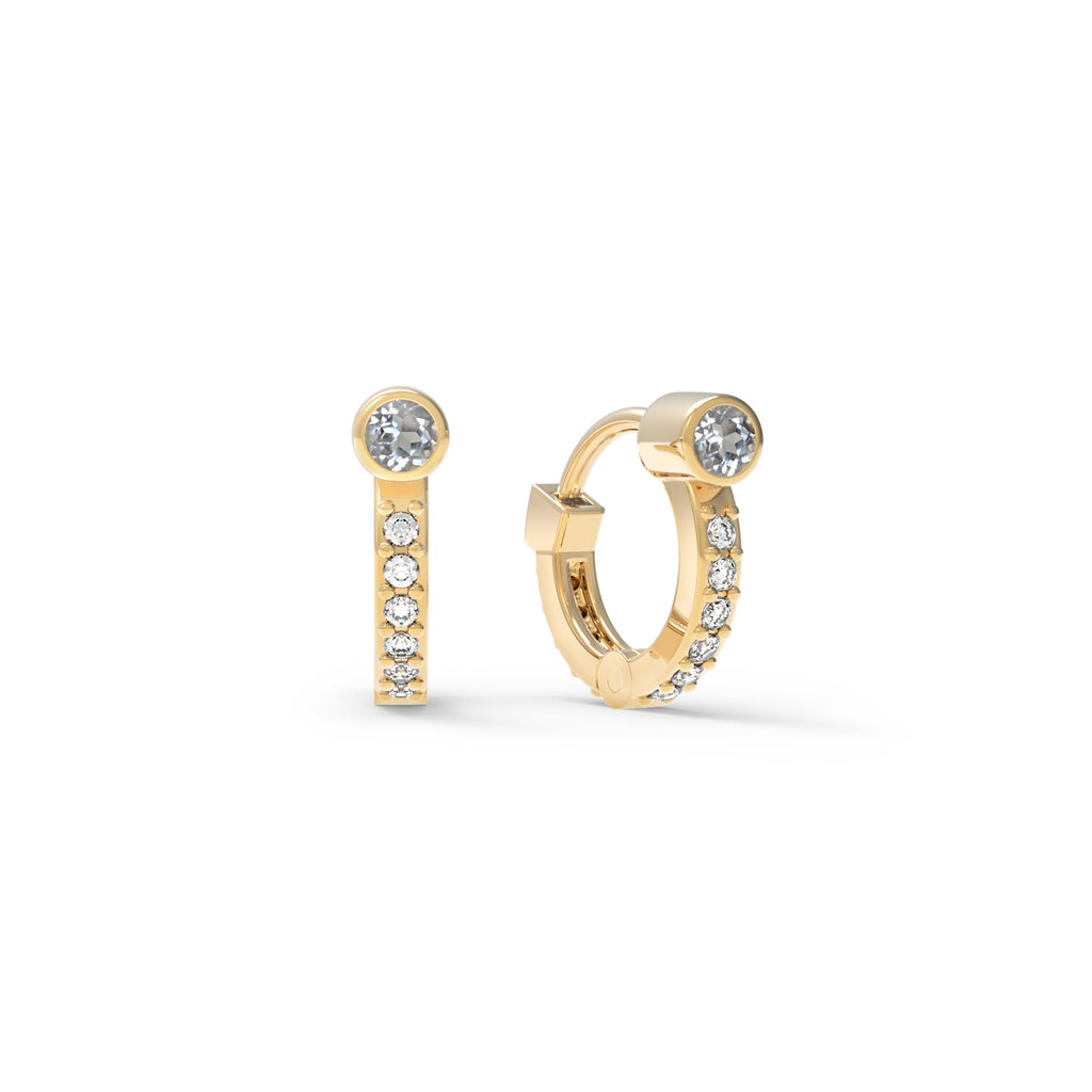 Tiny White Topaz Huggie Hoops with Diamonds in 14k Gold (April)
