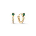 Tiny Emerald Huggie Hoops with Diamonds in 14k Gold (May)