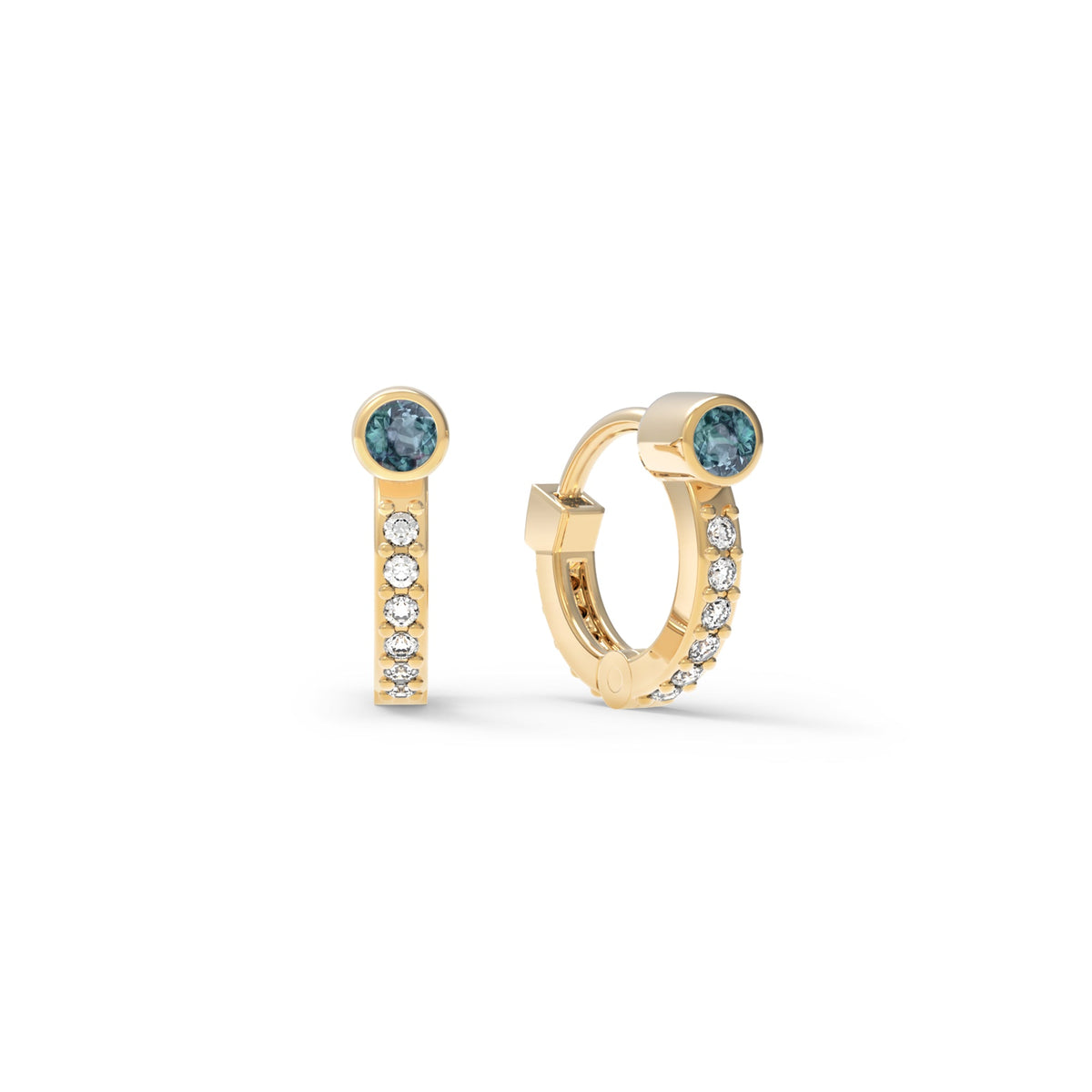 Tiny Alexandrite Huggie Hoops with Diamonds in 14k Gold (June)