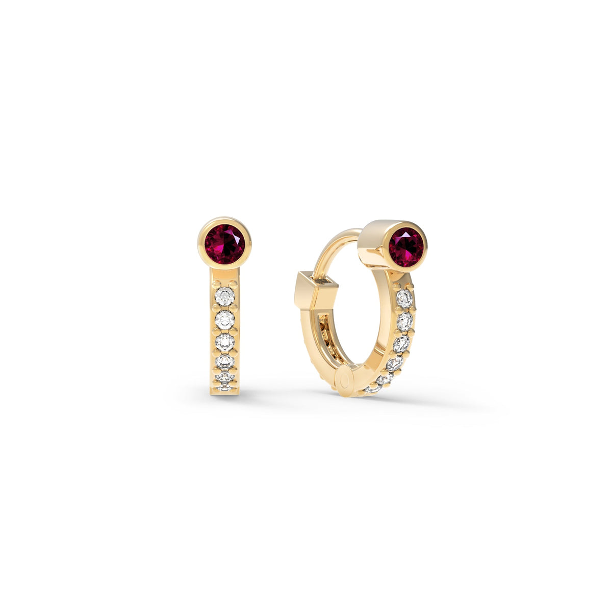 Tiny Ruby Huggie Hoops with Diamonds in 14k Gold (July)