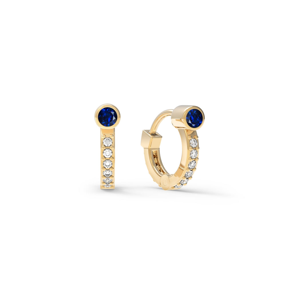 Tiny Sapphire Huggie Hoops with Diamonds in 14k Gold (September)