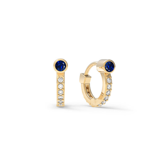 Tiny Sapphire Huggie Hoops with Diamonds in 14k Gold (September)