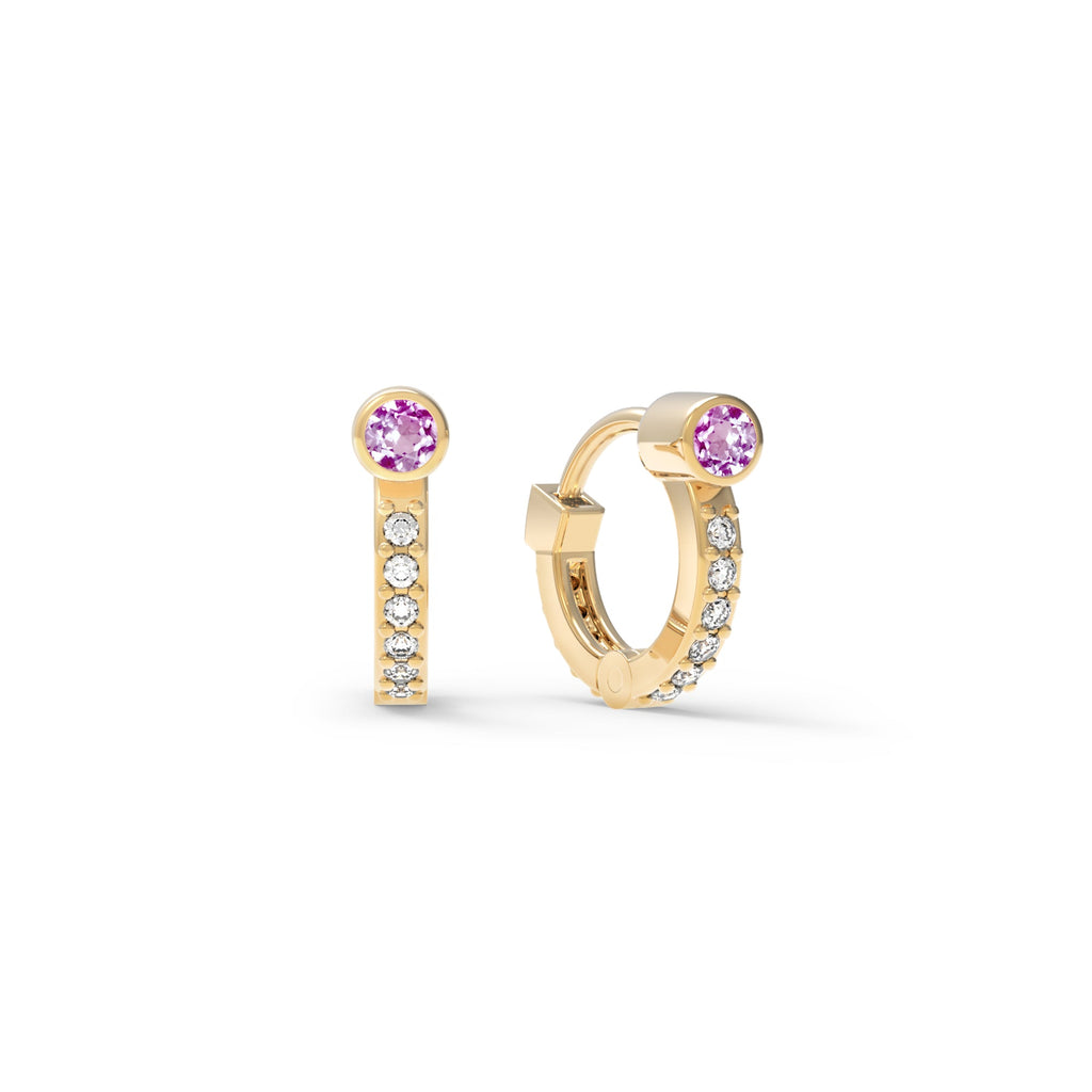 Tiny Pink Sapphire Huggie Hoops with Diamonds in 14k Gold (October)