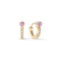 Tiny Pink Sapphire Huggie Hoops with Diamonds in 14k Gold (October)