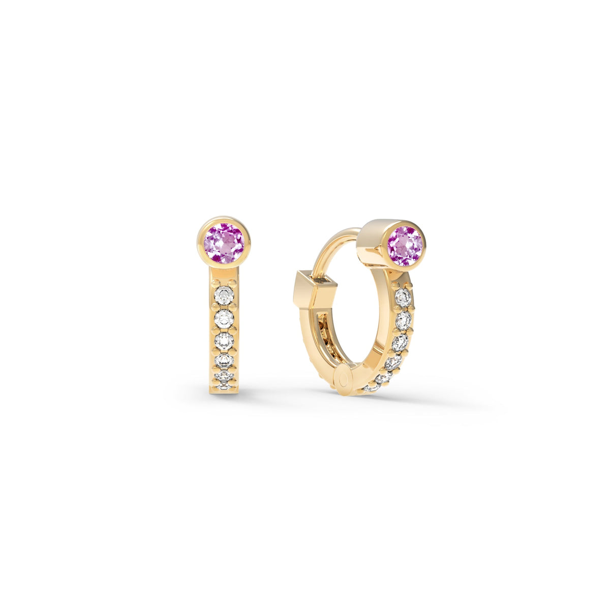 Tiny Pink Sapphire Huggie Hoops with Diamonds in 14k Gold (October)