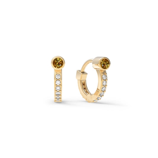 Tiny Citrine Huggie Hoops with Diamonds in 14k Gold (November)
