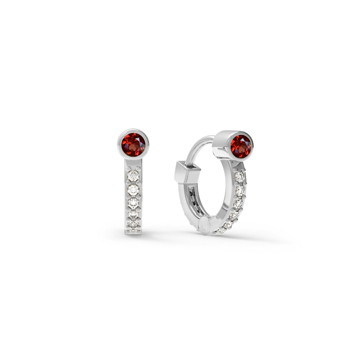 Tiny Garnet Huggie Hoops with Diamonds in 14k Gold (January)