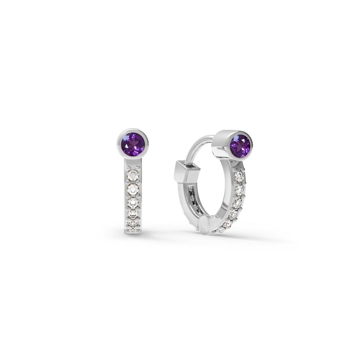 Tiny Amethyst Huggie Hoops with Diamonds in 14k Gold (February)