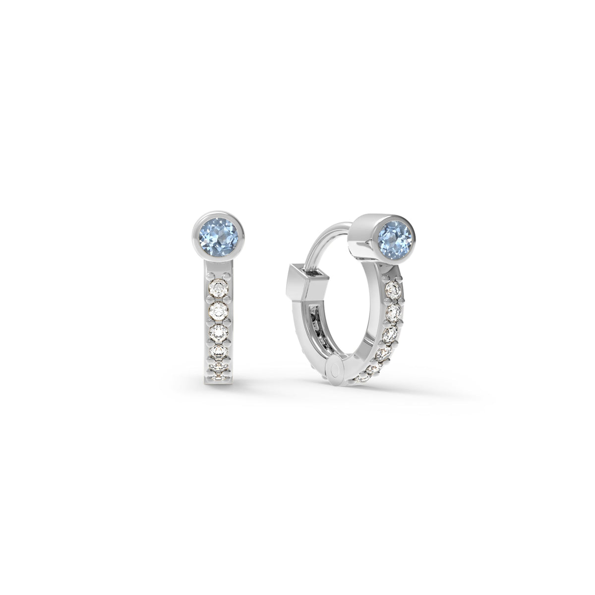 Tiny Aquamarine Huggie Hoops with Diamonds in 14k Gold (March)