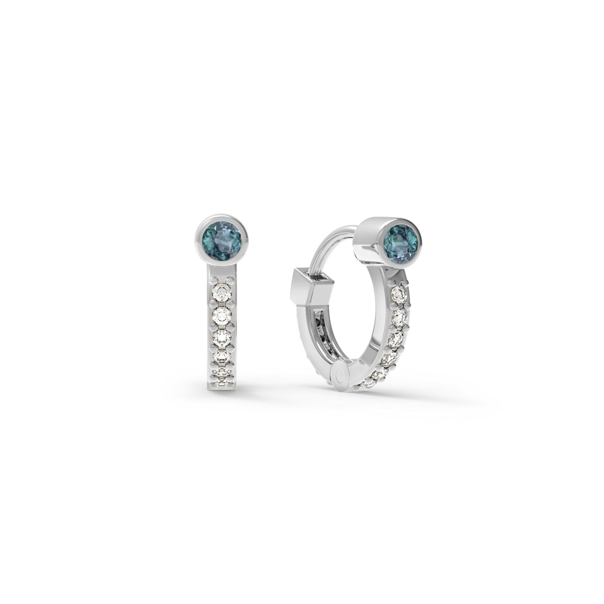 Tiny Alexandrite Huggie Hoops with Diamonds in 14k Gold (June)