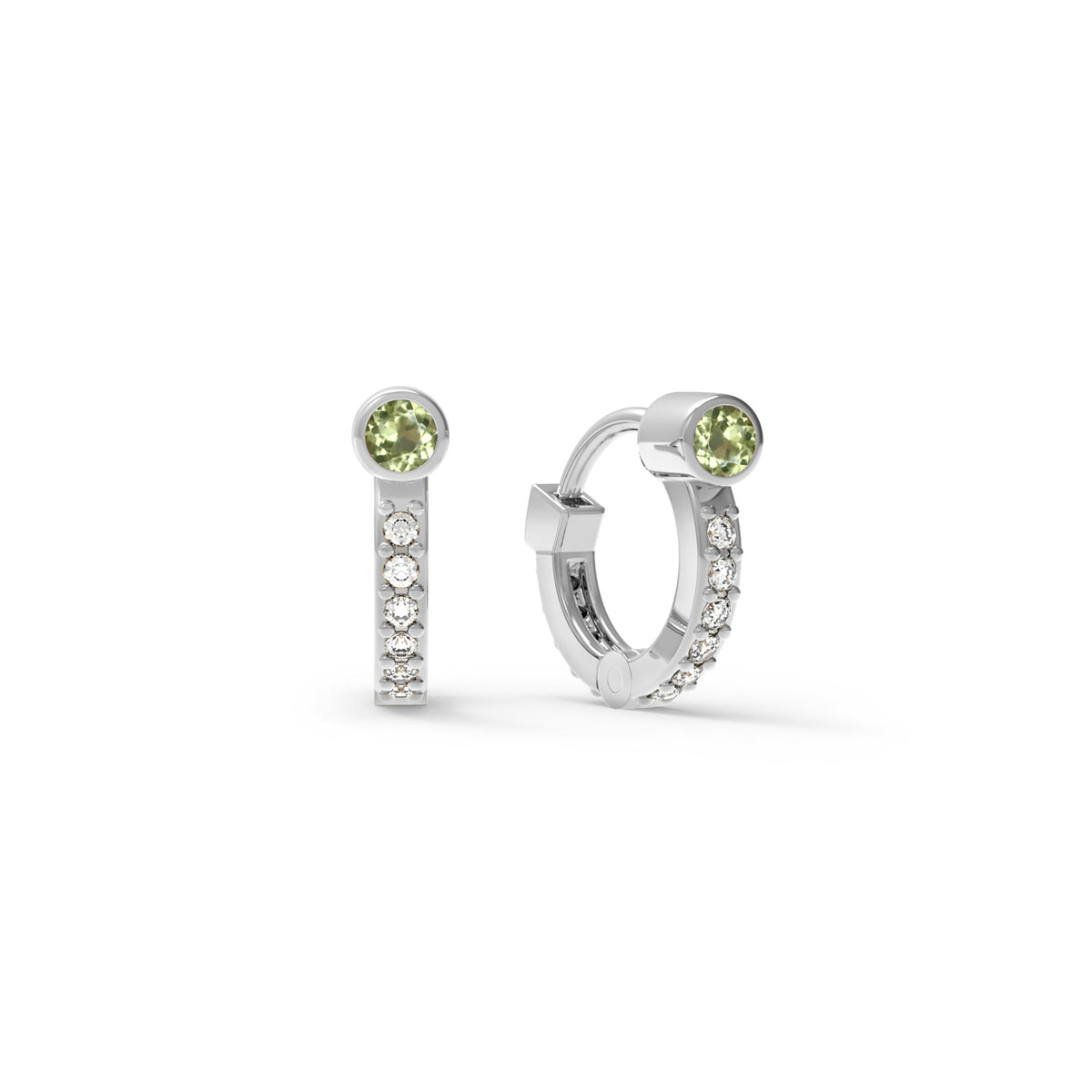 Tiny Peridot Huggie Hoops with Diamonds in 14k Gold (August)