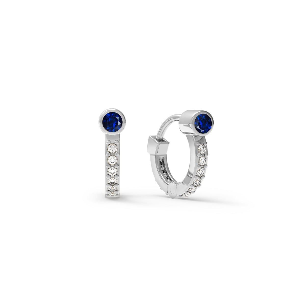 Tiny Sapphire Huggie Hoops with Diamonds in 14k Gold (September)