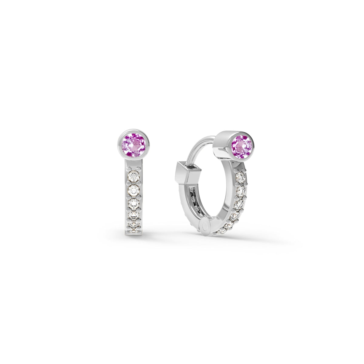 Tiny Pink Sapphire Huggie Hoops with Diamonds in 14k Gold (October)