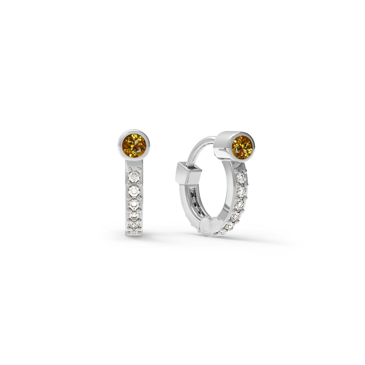 Tiny Citrine Huggie Hoops with Diamonds in 14k Gold (November)