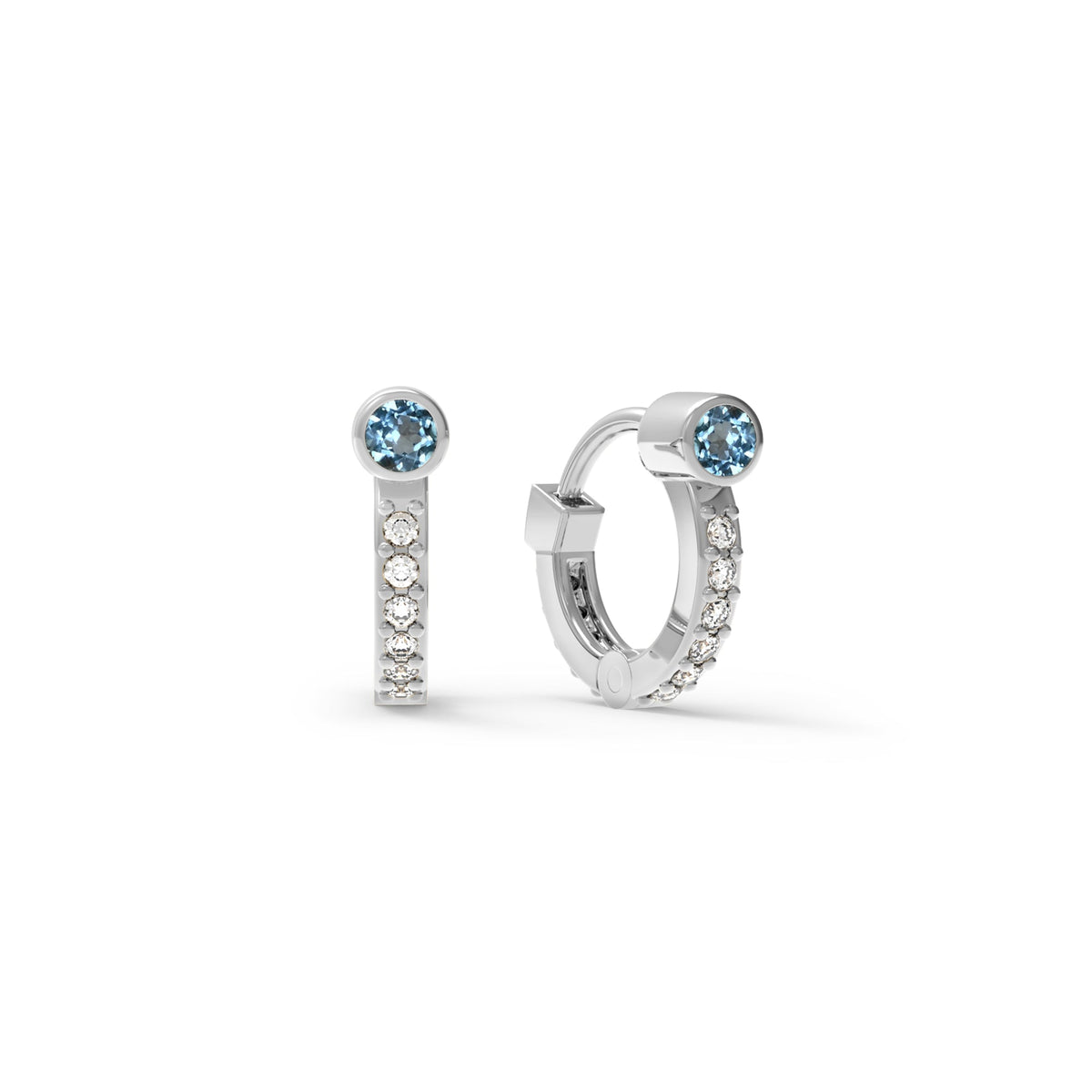 Tiny Nantucket Blue Topaz Huggie Hoops with Diamonds in 14k Gold (December)