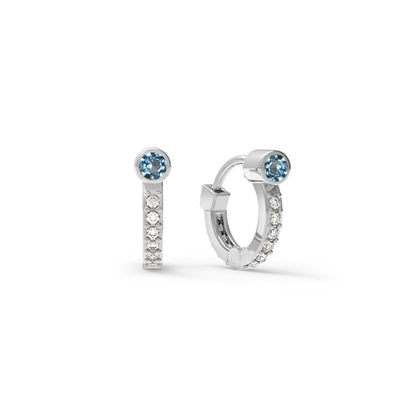 Tiny Nantucket Blue Topaz Huggie Hoops with Diamonds in 14k Gold (December)