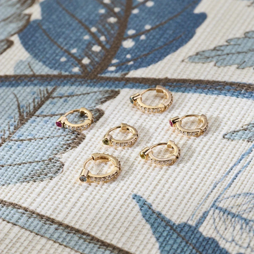 Tiny Birthstone Huggie Hoops with Diamonds in 14k Gold