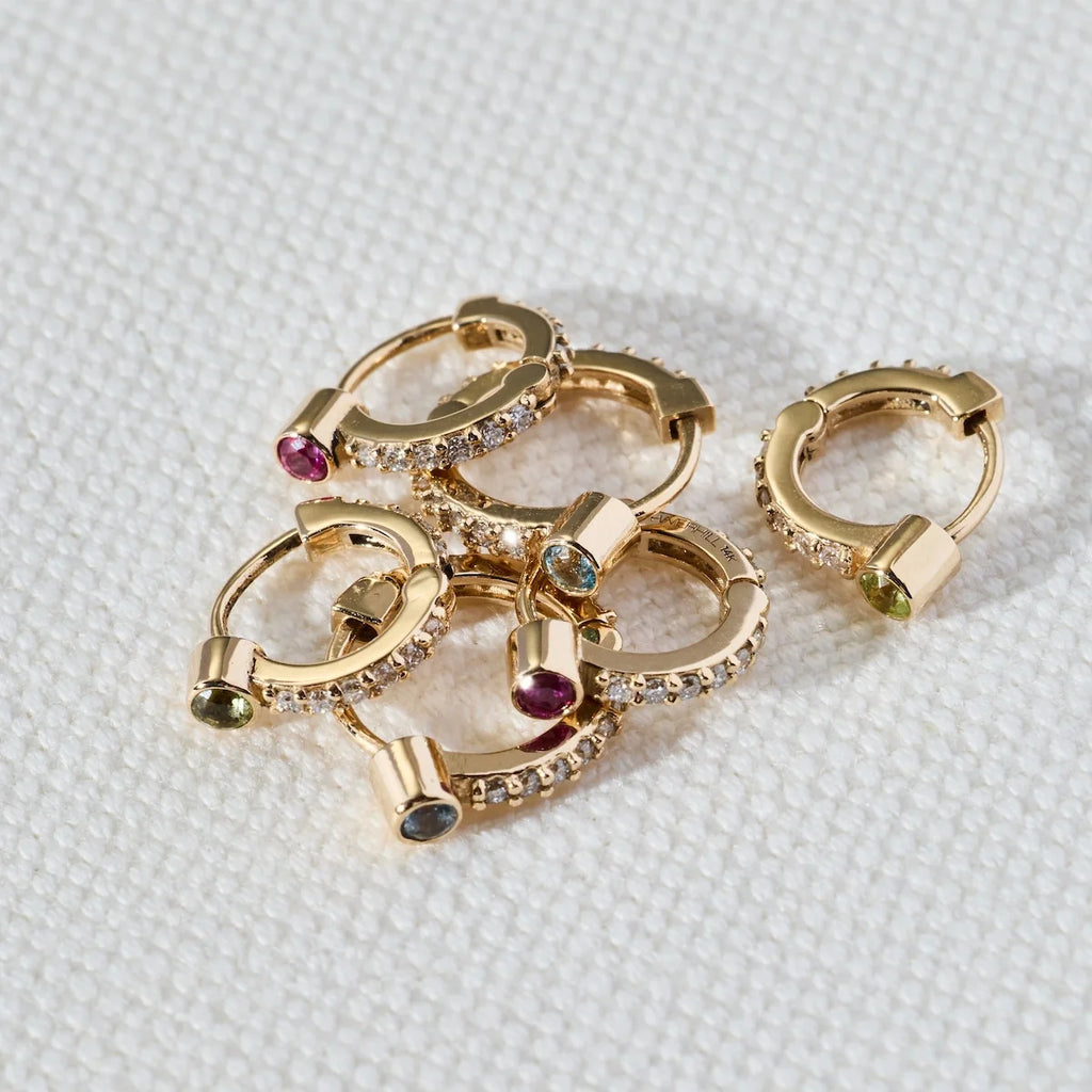 Tiny Peridot Huggie Hoops with Diamonds in 14k Gold (August)