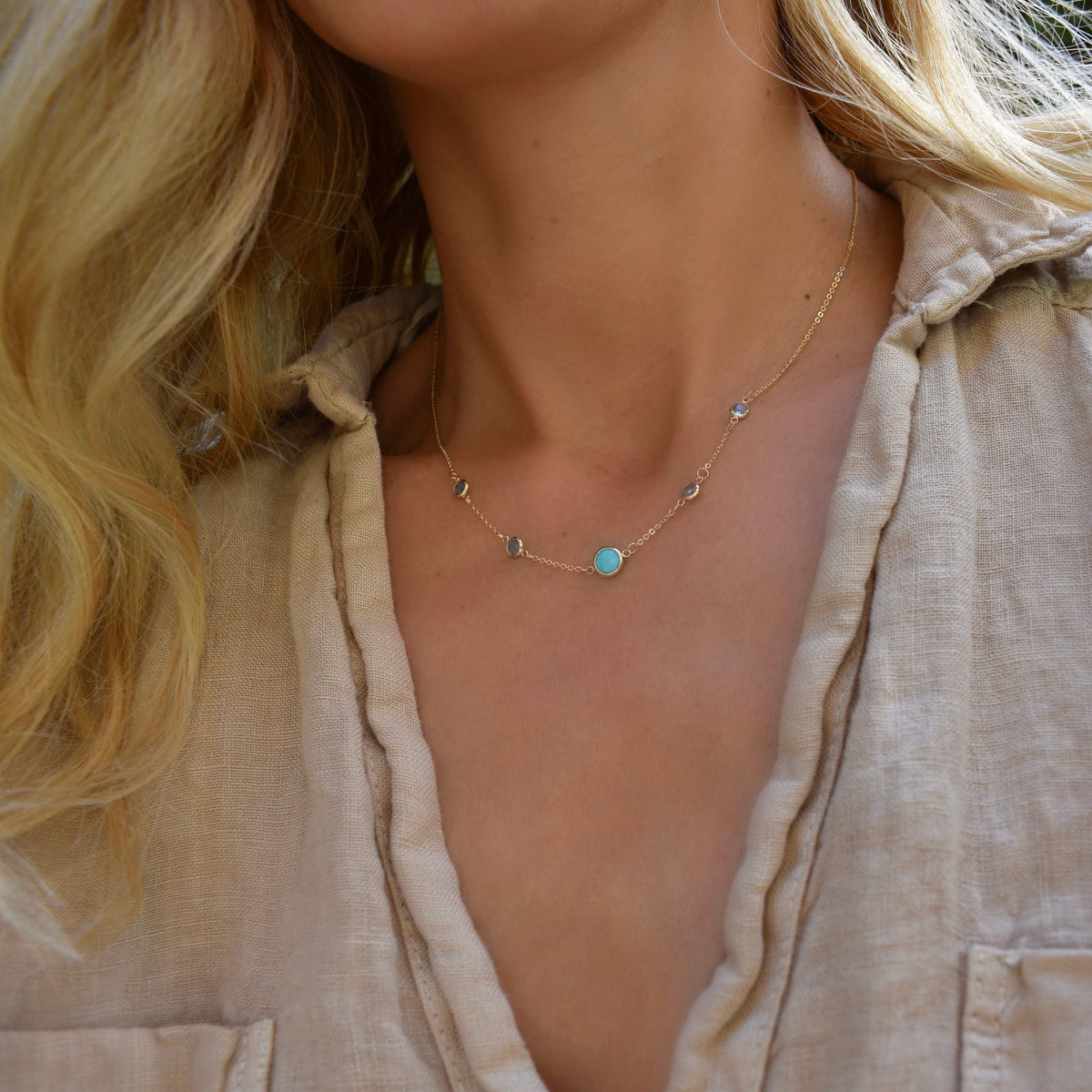 1 Grand Turquoise & 4 Petite Nantucket Blue Topaz Necklace in 14k Gold (December)