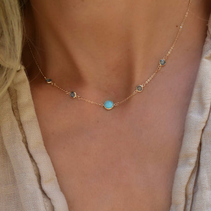 1 Grand Turquoise & 4 Petite Nantucket Blue Topaz Necklace in 14k Gold (December)