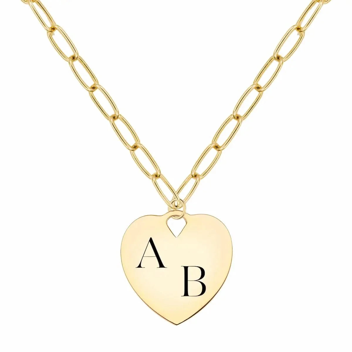 Engravable Large Flat Heart Pendant with ADELAIDE Chain in 14k Gold