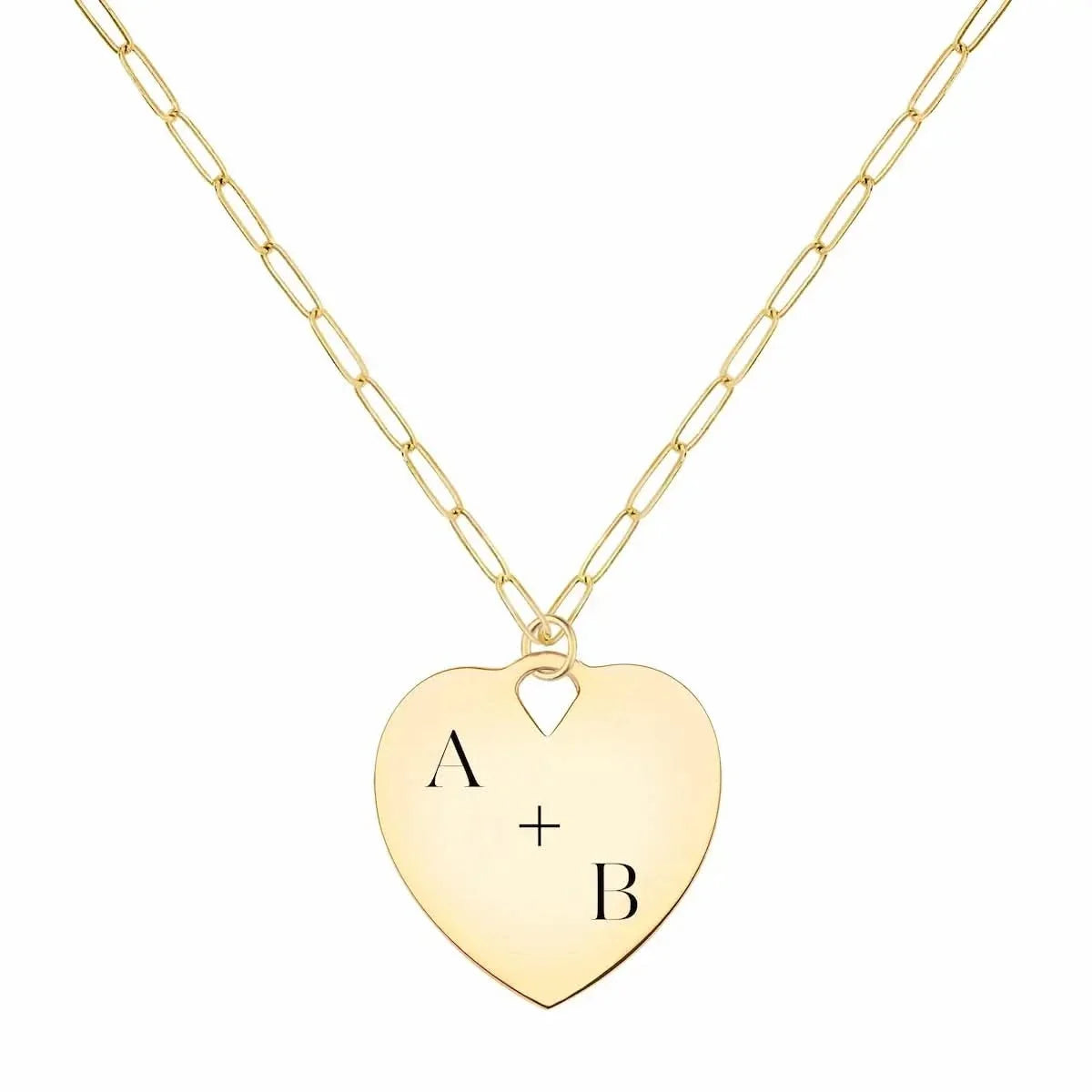 Engravable Large Flat Heart Pendant with Adelaide Mini Chain in 14k Gold