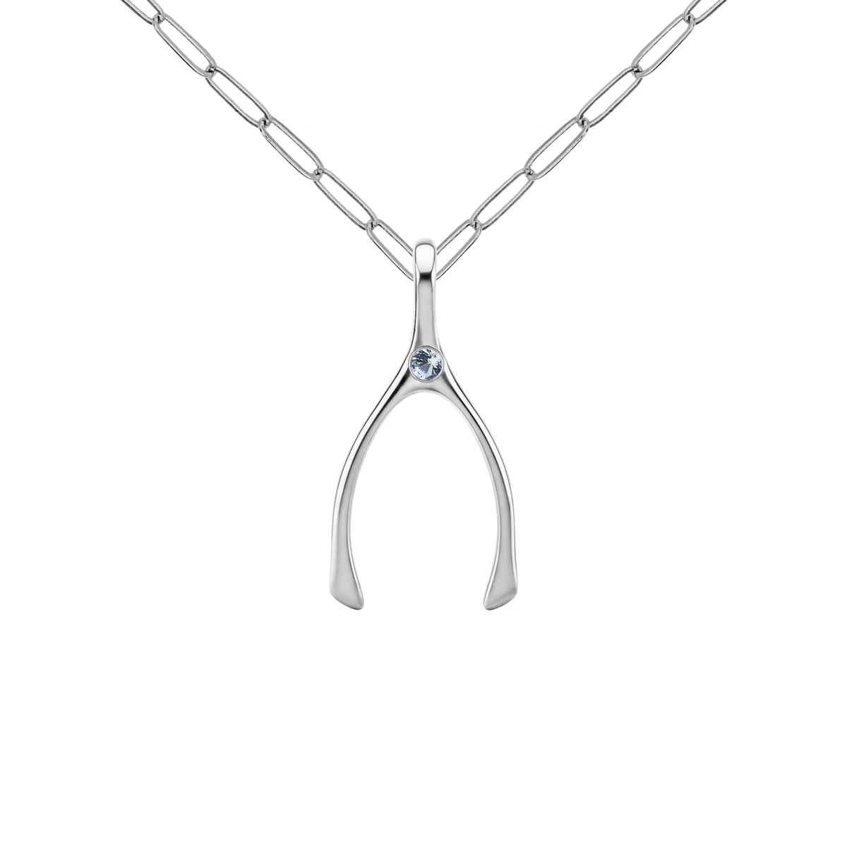 Small Aquamarine Wishbone Pendant in Solid 14k Gold (March)
